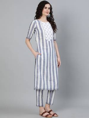 White cotton Printed   Kurta  with  Pant 4