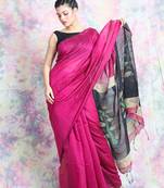 Dark pink woven blended cotton saree with blouse