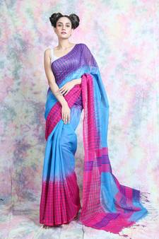 Sky blue woven blended cotton saree with blouse