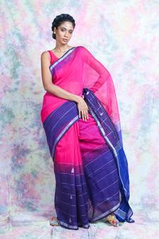 Pink woven blended cotton saree with blouse