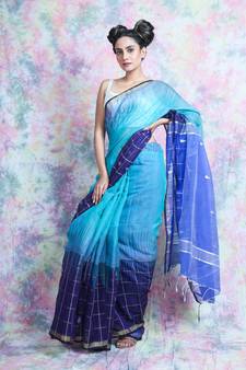 Sky blue woven blended cotton saree with blouse