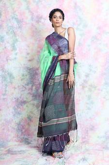 Green woven blended cotton saree with blouse