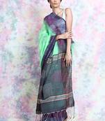 Green woven blended cotton saree with blouse
