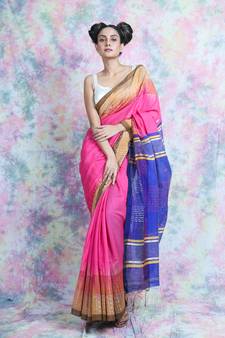 Pink woven blended cotton saree with blouse