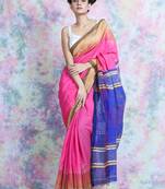 Pink woven blended cotton saree with blouse