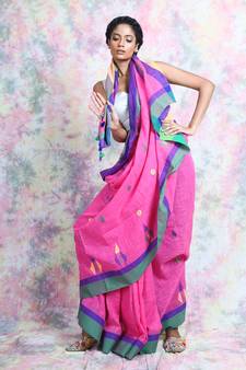 Light pink woven blended cotton saree with blouse