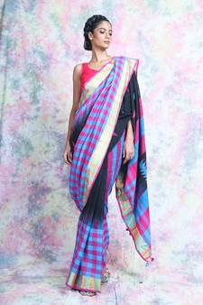 Black woven blended cotton saree with blouse