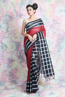 Red woven blended cotton saree with blouse