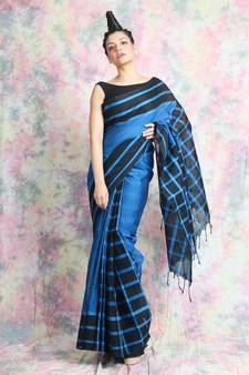 Blue woven blended cotton saree with blouse