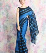 Blue woven blended cotton saree with blouse