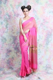 Pink woven blended cotton saree with blouse