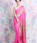 Pink woven blended cotton saree with blouse