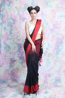 Red woven blended cotton saree with blouse