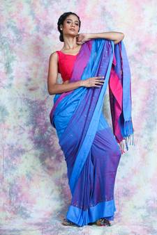 Blue woven blended cotton saree with blouse