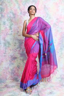 Pink woven blended cotton saree with blouse