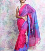 Pink woven blended cotton saree with blouse