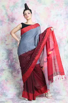 Grey woven blended cotton saree with blouse