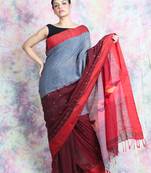 Grey woven blended cotton saree with blouse