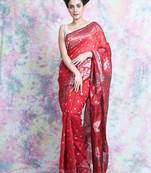 Red Woven Blended Cotton Saree Without Blouse