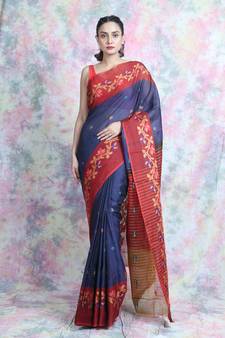 Navy blue woven blended cotton saree with blouse