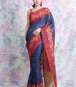Navy blue woven blended cotton saree with blouse