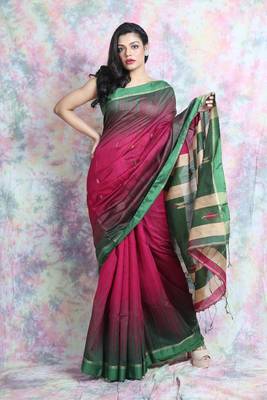 Dark rani pink woven blended cotton saree with blouse 1