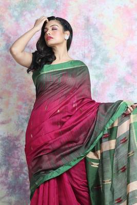 Dark rani pink woven blended cotton saree with blouse 2