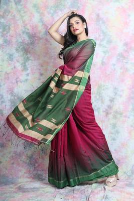 Dark rani pink woven blended cotton saree with blouse 3