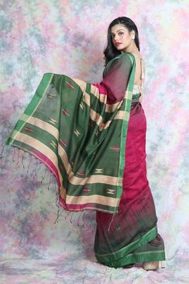 Dark rani pink woven blended cotton saree with blouse 4