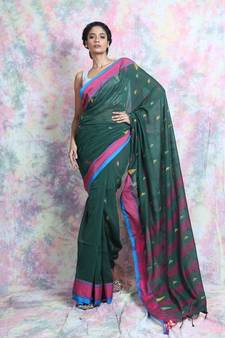 Green woven blended cotton saree with blouse
