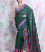Green woven blended cotton saree with blouse