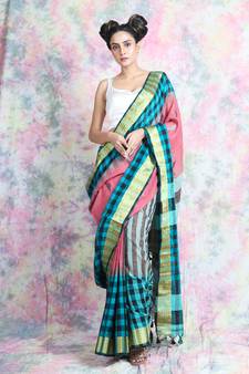 Light red woven blended cotton saree with blouse