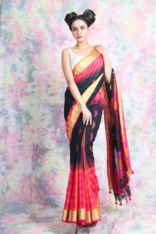 Black woven blended cotton saree with blouse