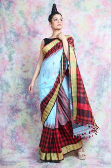 Sky blue woven blended cotton saree with blouse