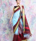 Sky blue woven blended cotton saree with blouse