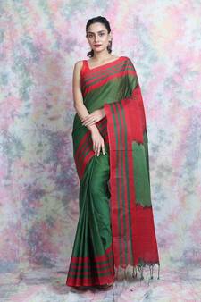 Green woven cotton saree with blouse