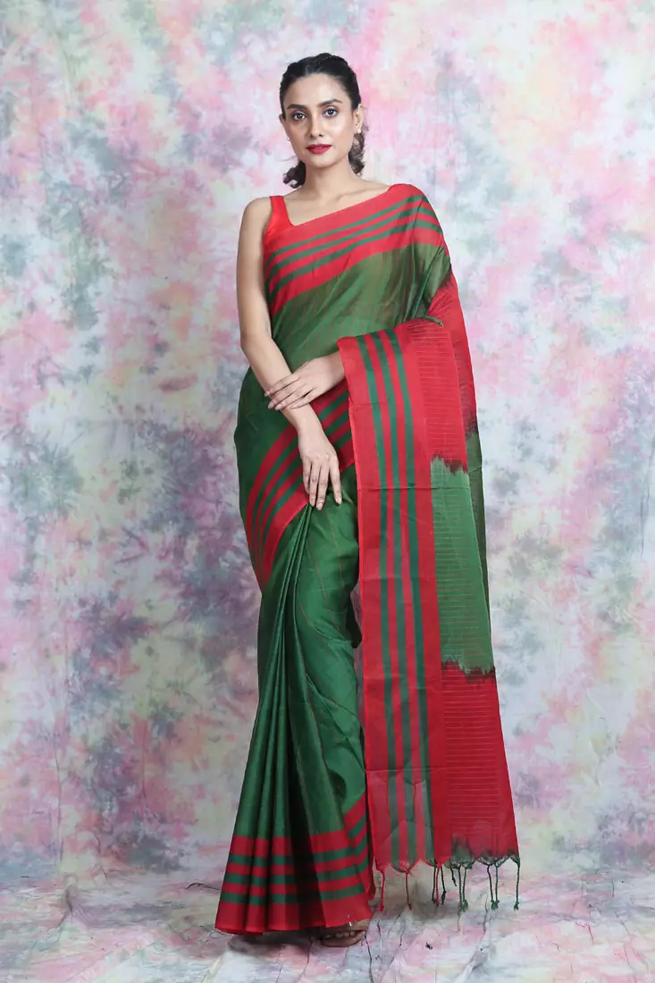 Green woven cotton saree with blouse