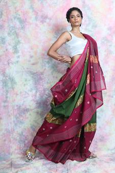 Green woven cotton saree with blouse