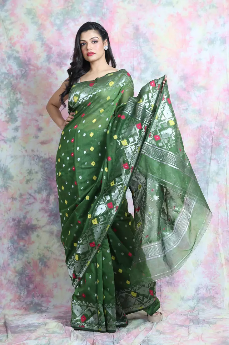 Green woven blended cotton saree 