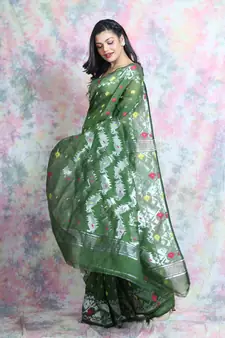 Green Woven Blended Cotton Saree Without Blouse