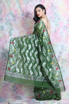 Green Woven Blended Cotton Saree Without Blouse 3
