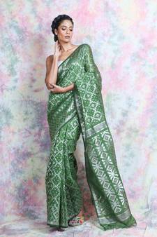Green Woven Blended Cotton Saree Without Blouse