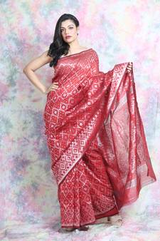 Red Woven Blended Cotton Saree Without Blouse