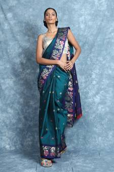 Teal woven blended cotton saree with blouse