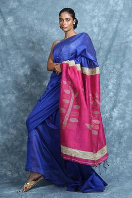 Royal blue woven blended cotton saree with blouse 1