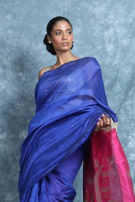 Royal blue woven blended cotton saree with blouse 2
