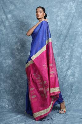 Royal blue woven blended cotton saree with blouse 3