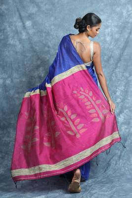 Royal blue woven blended cotton saree with blouse 4