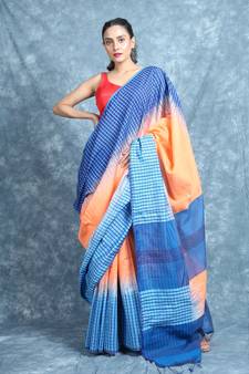 Orange woven blended cotton saree with blouse