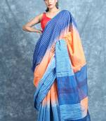 Orange woven blended cotton saree with blouse
